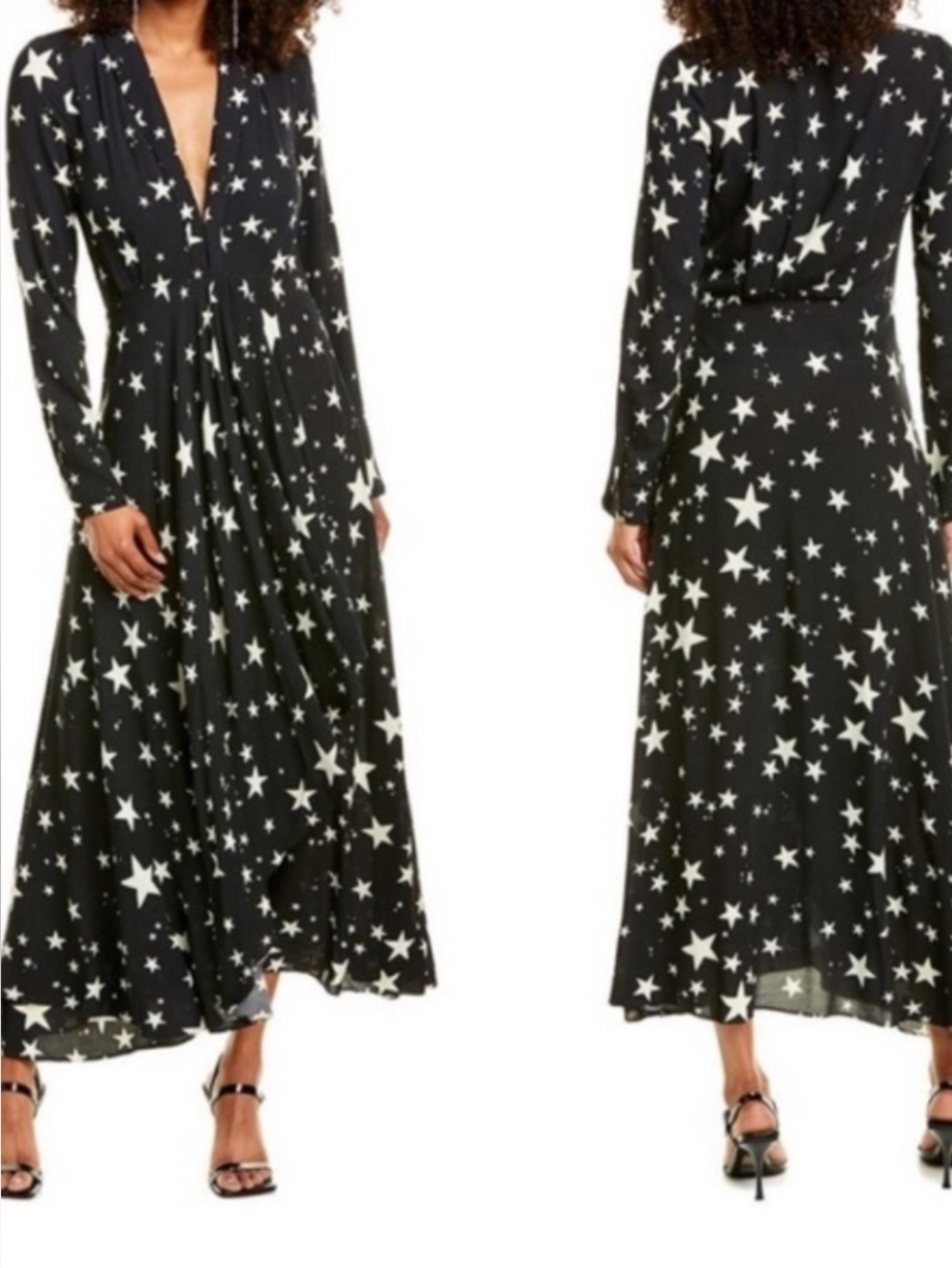 Farm Rio Stardust V-Neck Maxi L/S Dress Celestial Black Cream Stars Size M